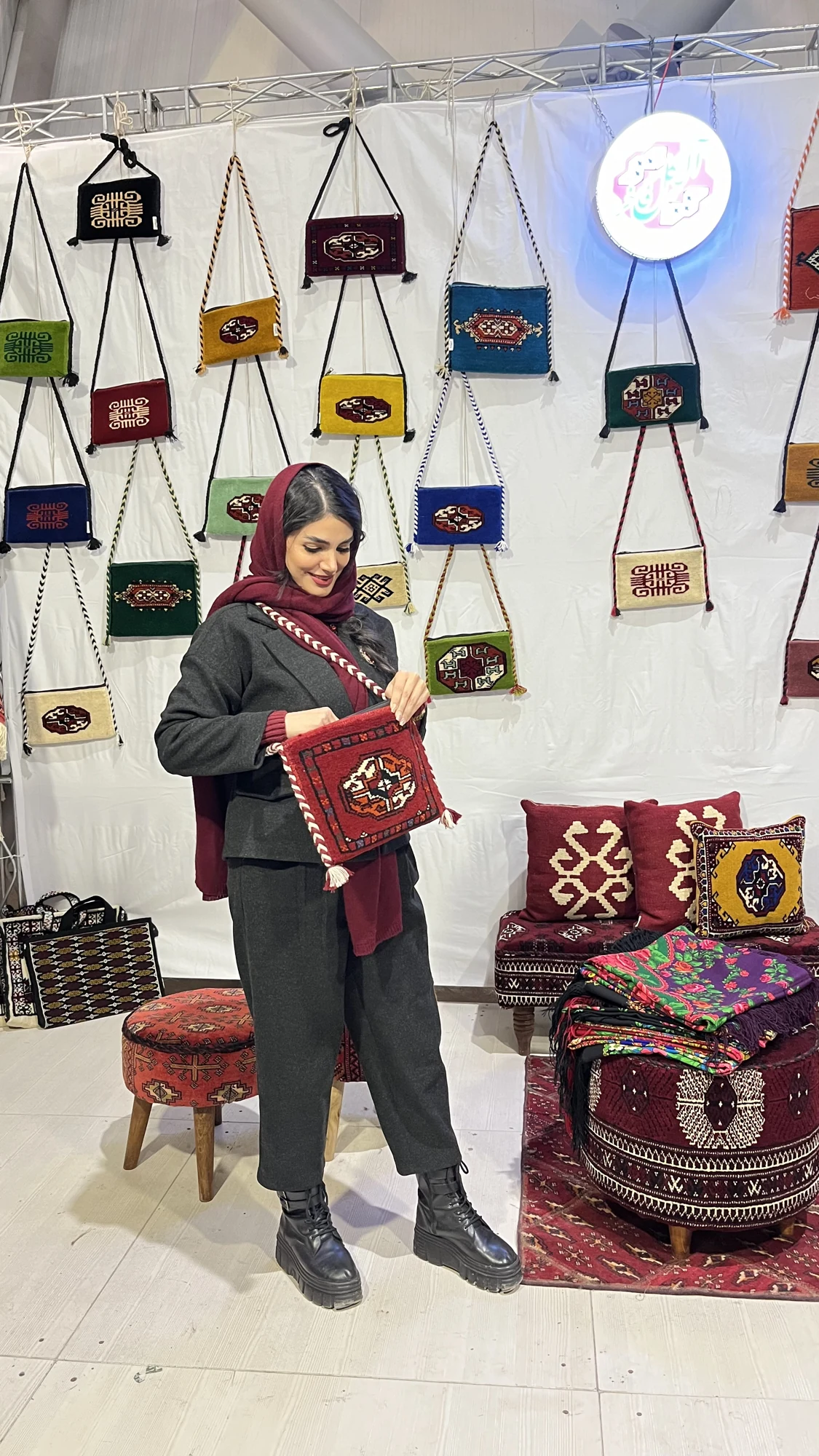 A display of Alagol bags, cushions and poufs