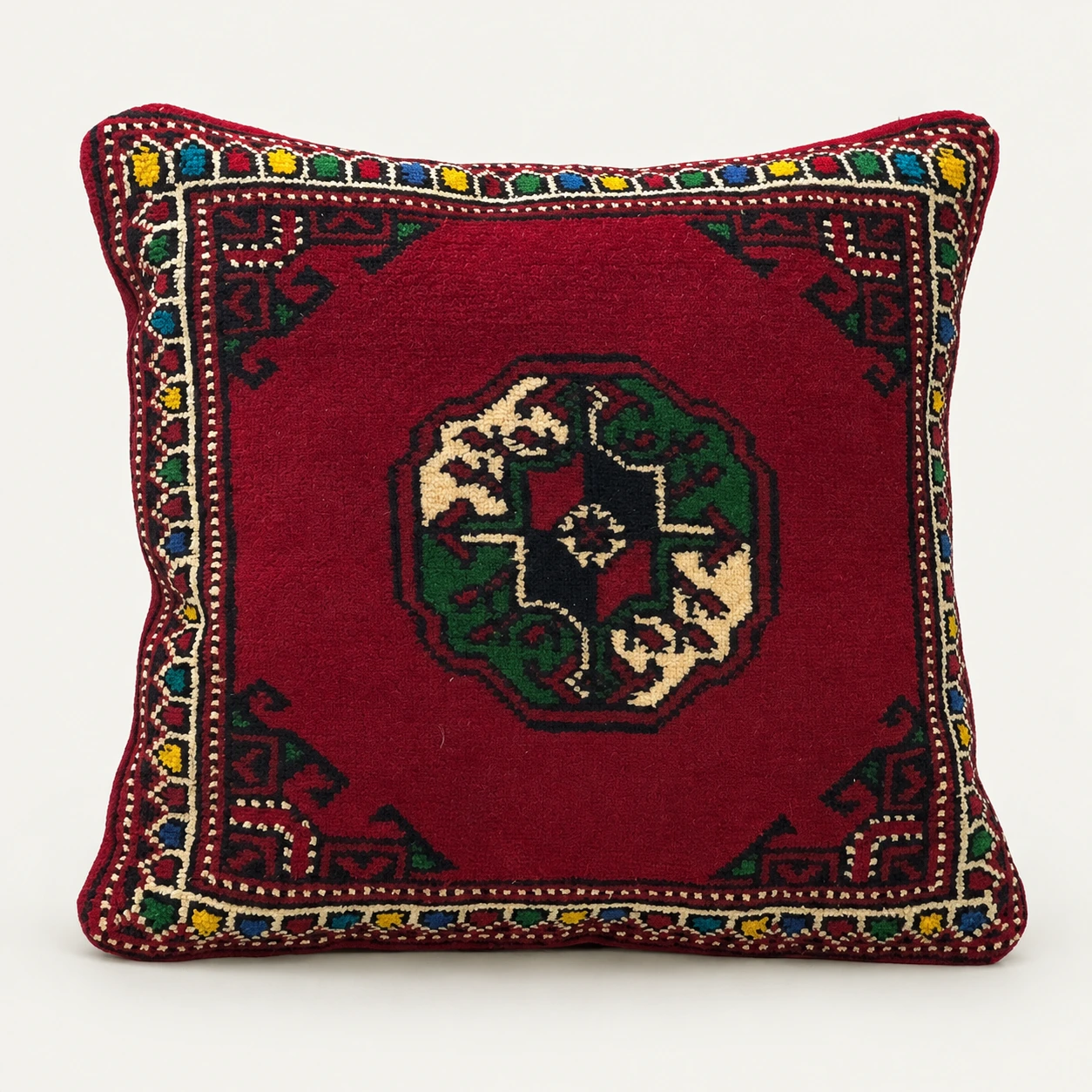 Burgundy carpet cushion · Dark motif