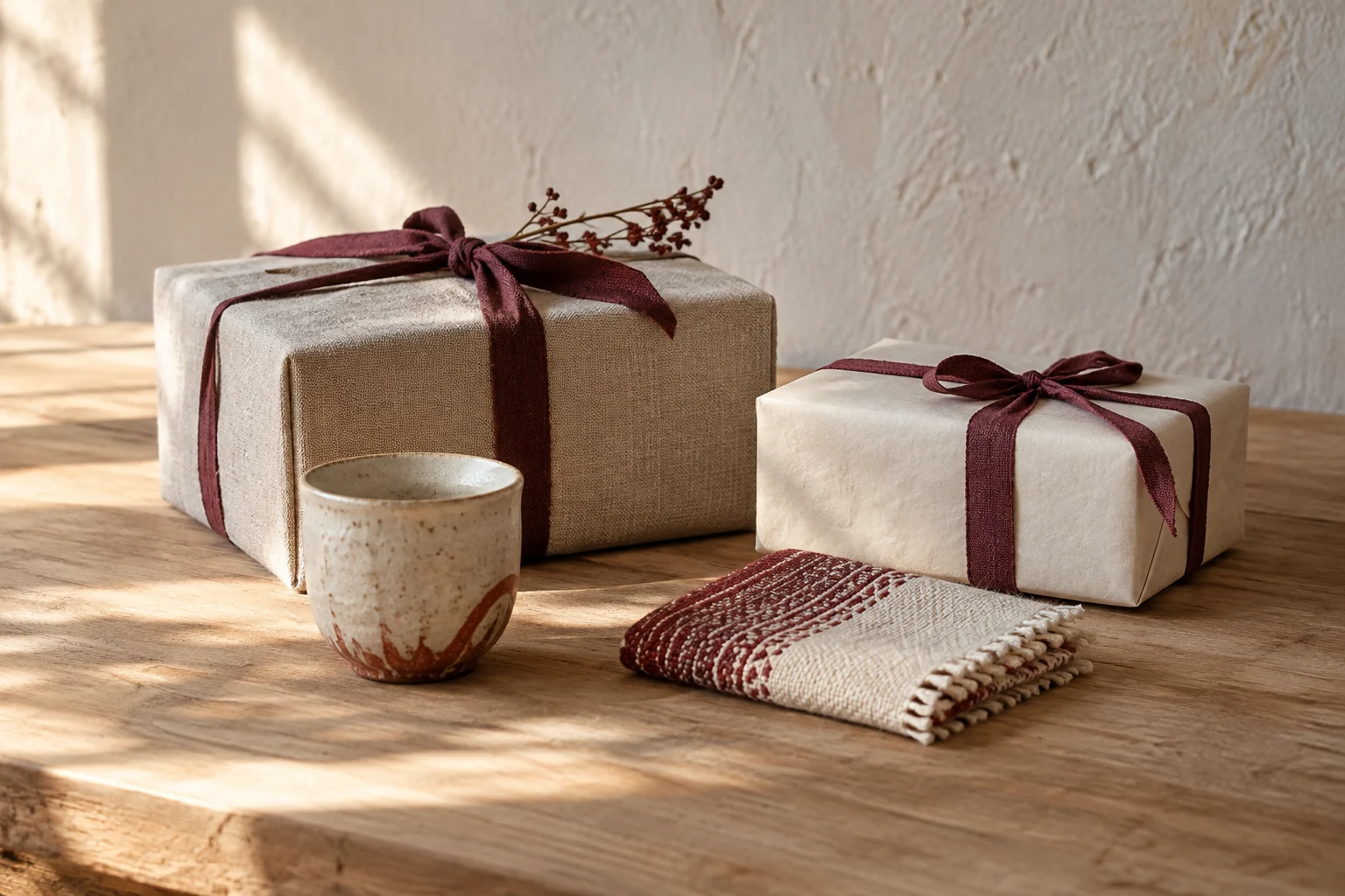 An editorial gift scene with fabric-wrapped gifts and handmade pieces on a wooden table