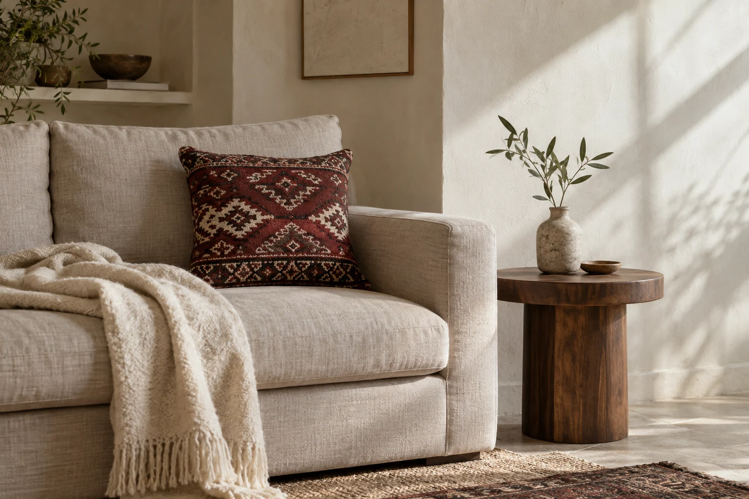 An editorial home setting with a handwoven textile and morning light