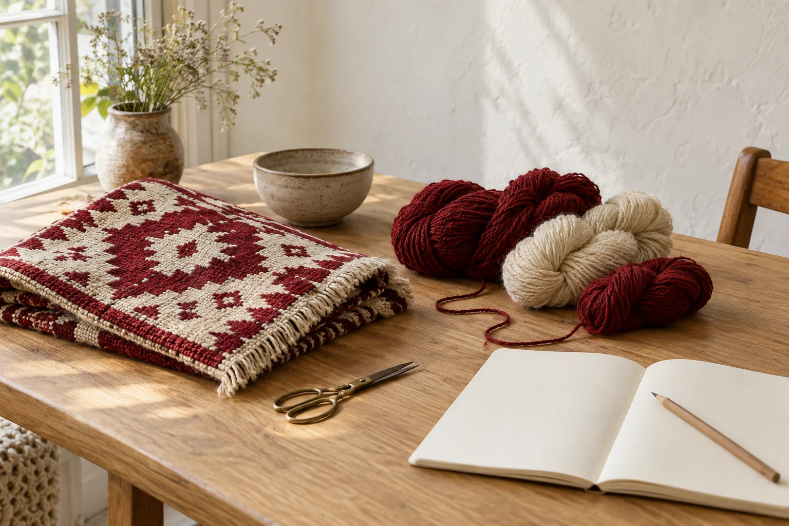 An editorial maker’s worktable with yarn, textiles and a sketchbook