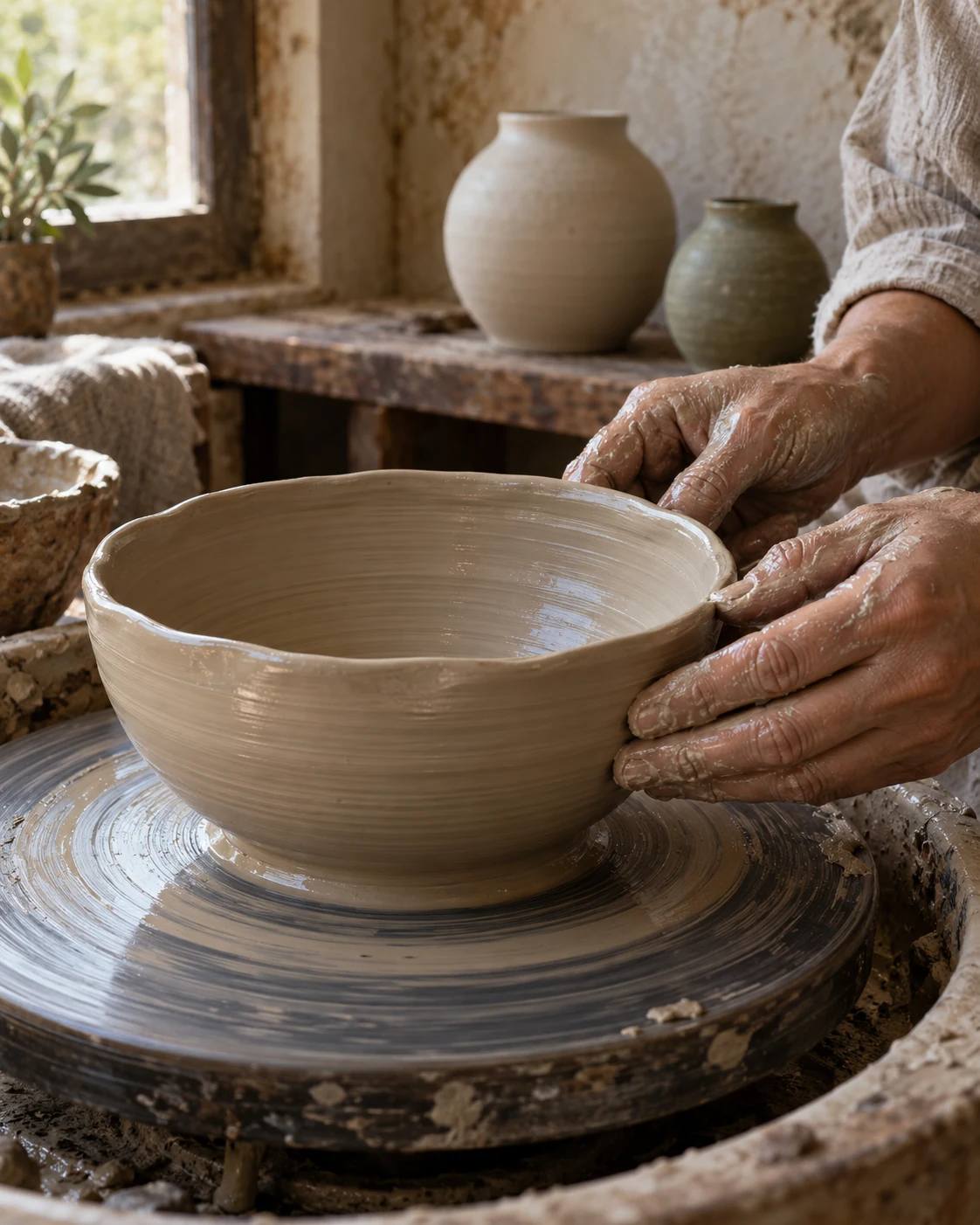 Editorial scene of a clay bowl taking shape on a wheel in natural workshop light