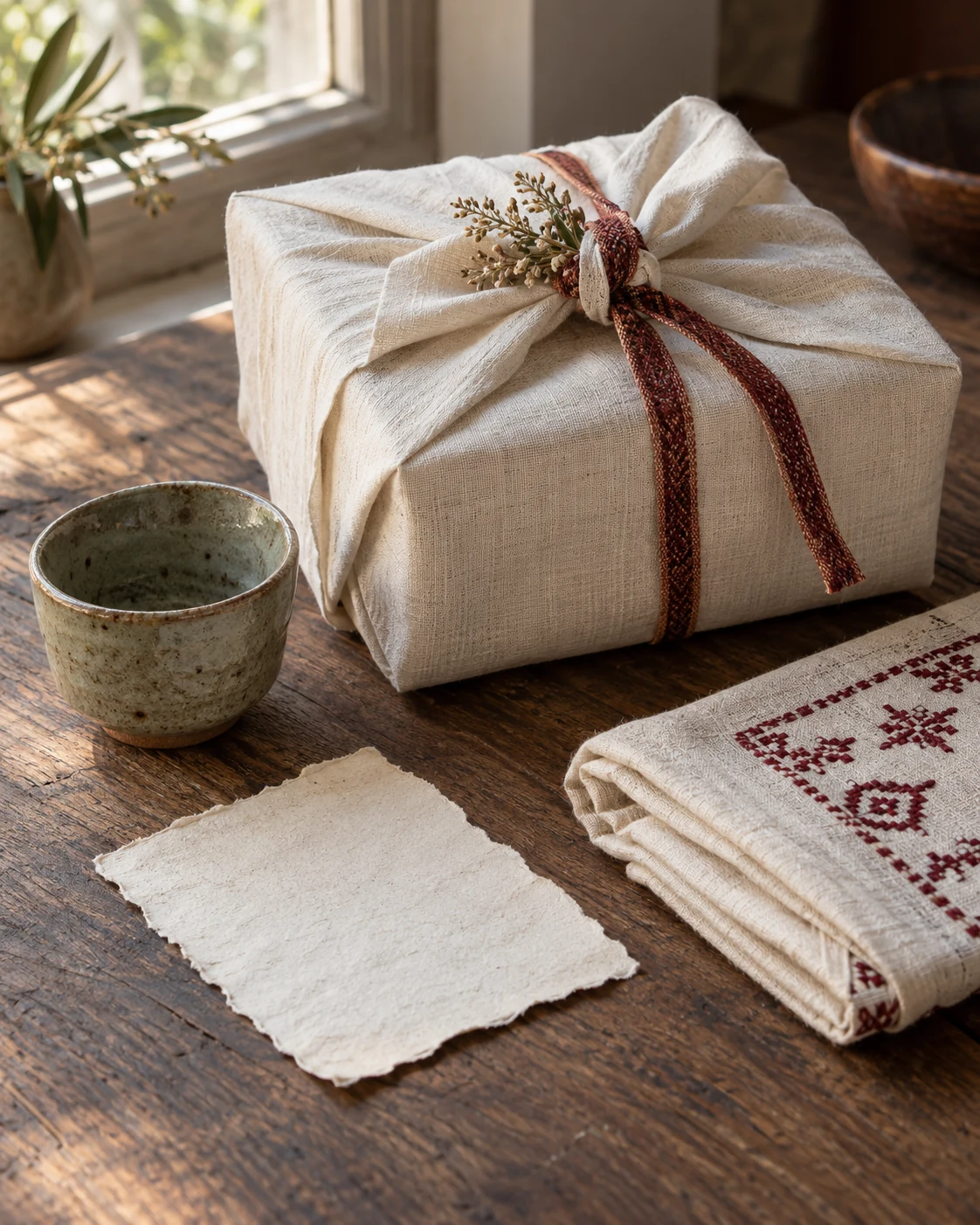 Editorial gift scene with natural wrapping, ceramics and a handwoven piece