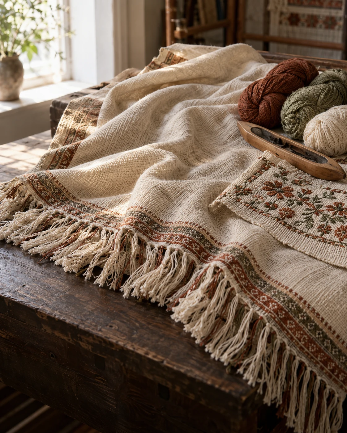 Handwoven fabric, embroidery and natural yarn beside a window