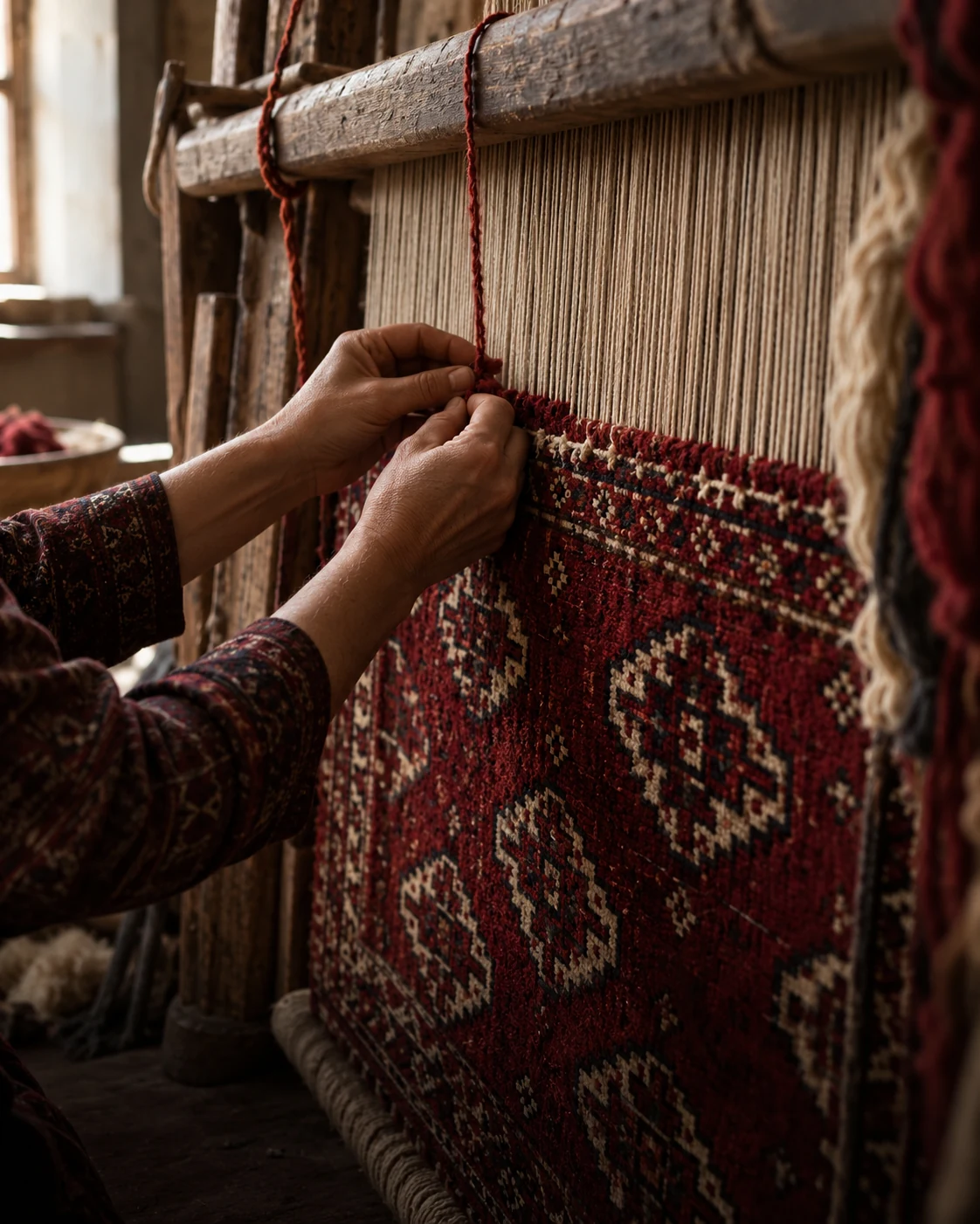 Editorial scene of Turkmen rug weaving with red yarn on a wooden loom