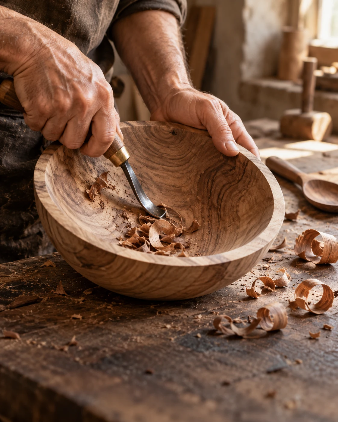 Editorial scene of a walnut bowl, hand tools and wood shavings